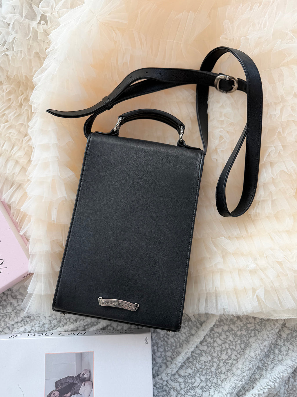 Chrome Hearts Calfskin Shoulder Bag in Black and Silver