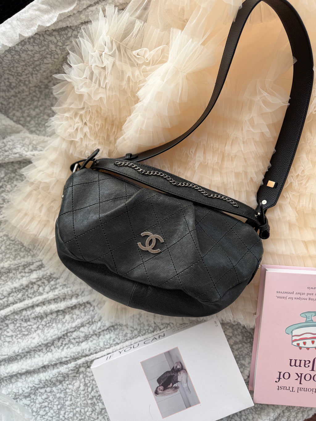 Chanel Vintage Black-and-Silver Shoulder Bag, with a complimentary replacement shoulder strap included.