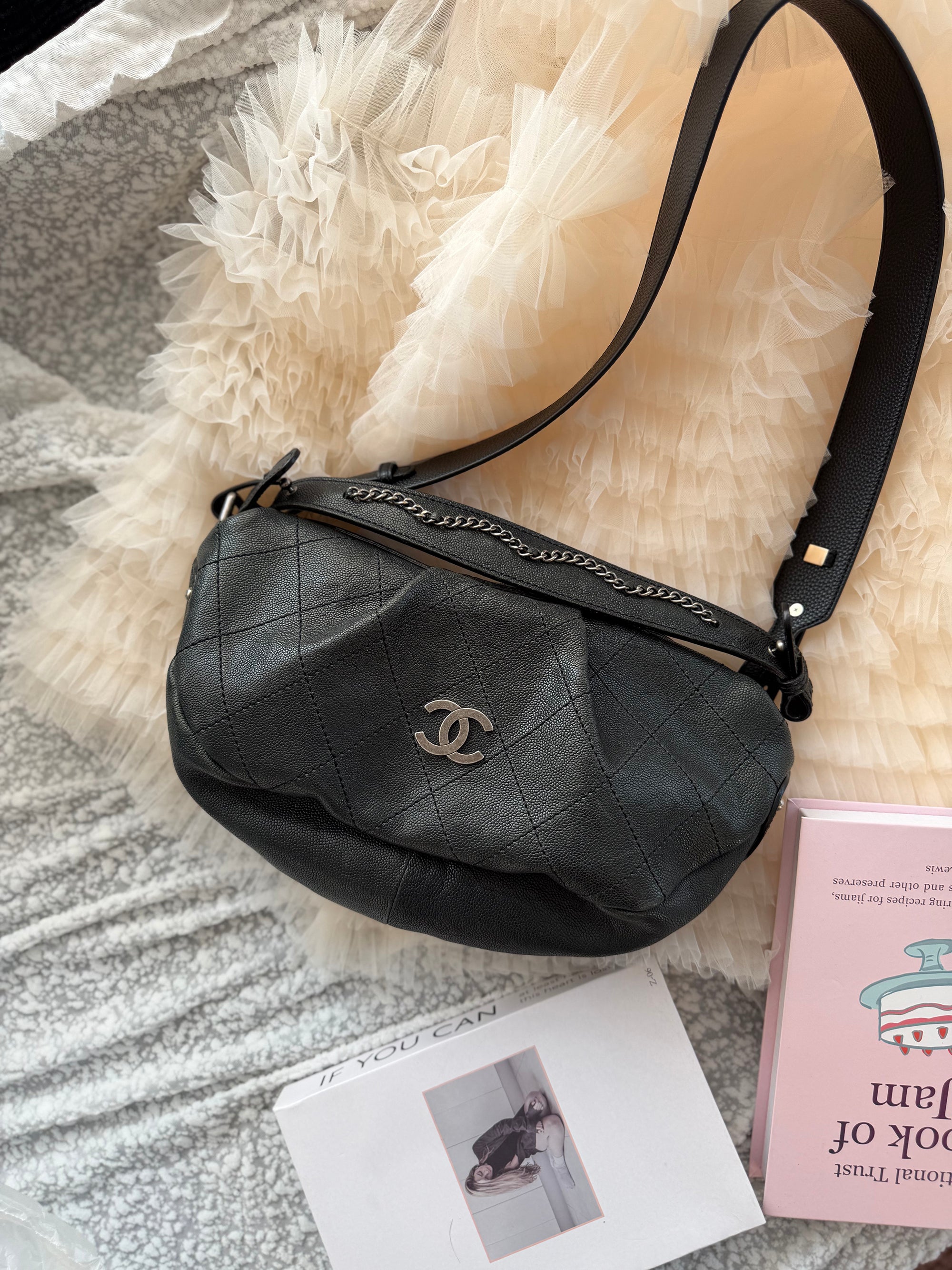 Chanel Vintage Black-and-Silver Shoulder Bag, with a complimentary replacement shoulder strap included.