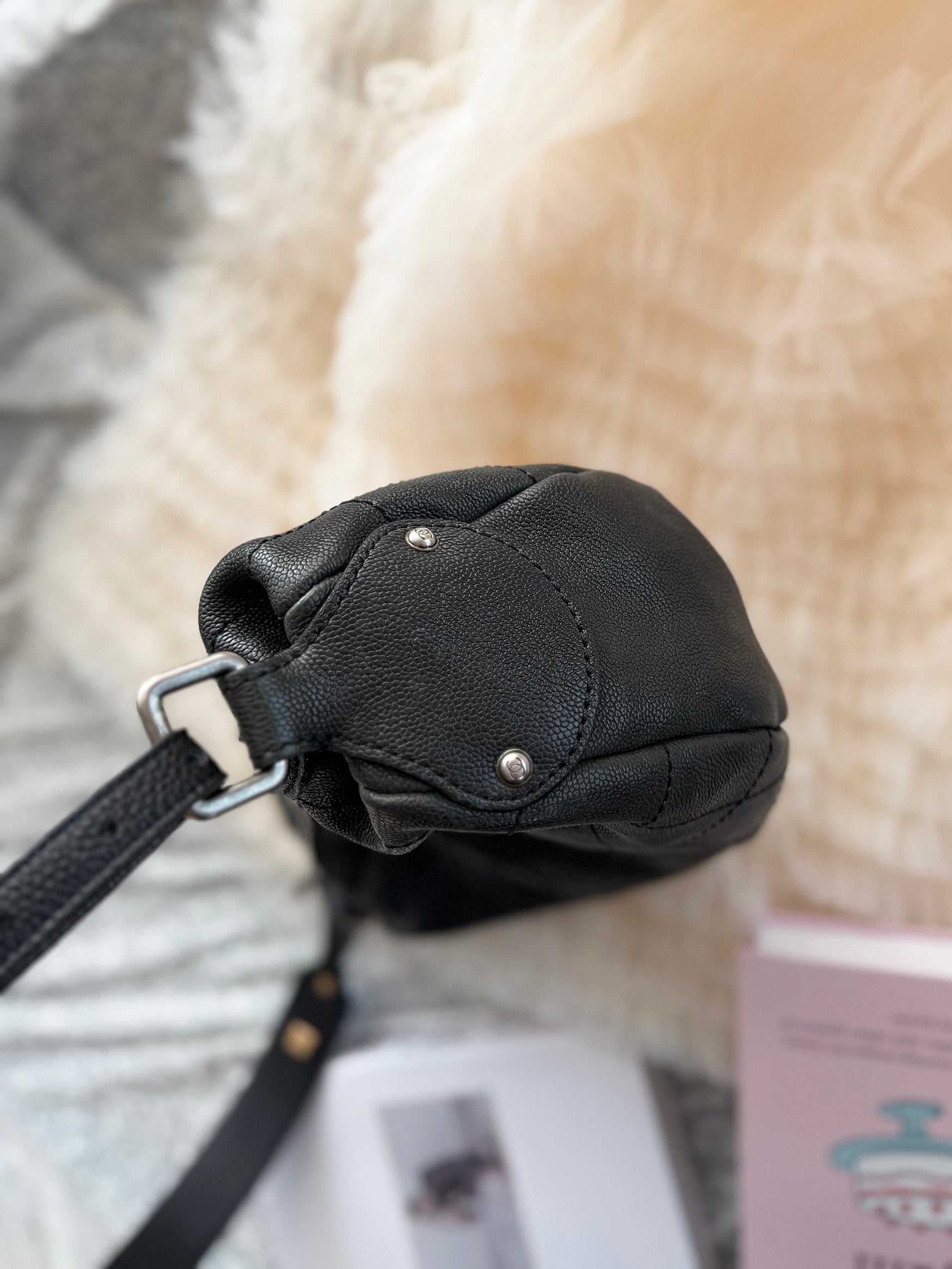 Chanel Vintage Black-and-Silver Shoulder Bag, with a complimentary replacement shoulder strap included.