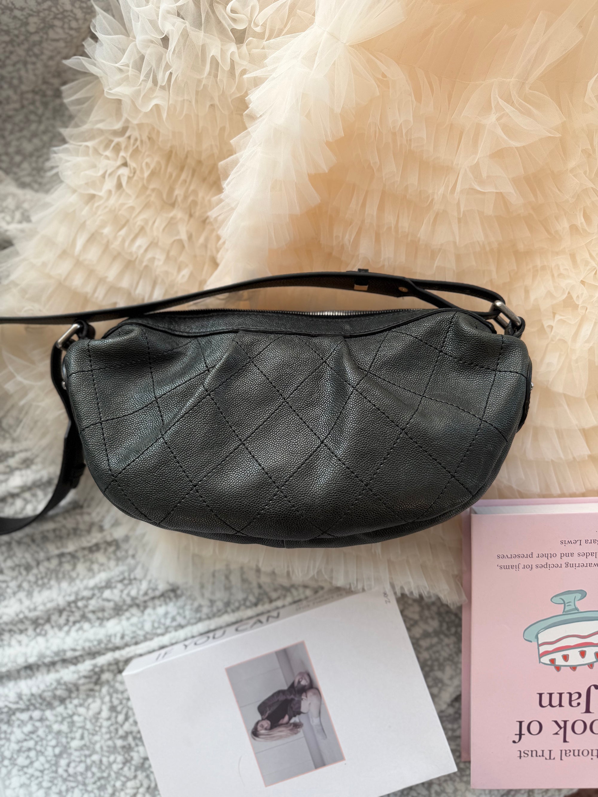 Chanel Vintage Black-and-Silver Shoulder Bag, with a complimentary replacement shoulder strap included.