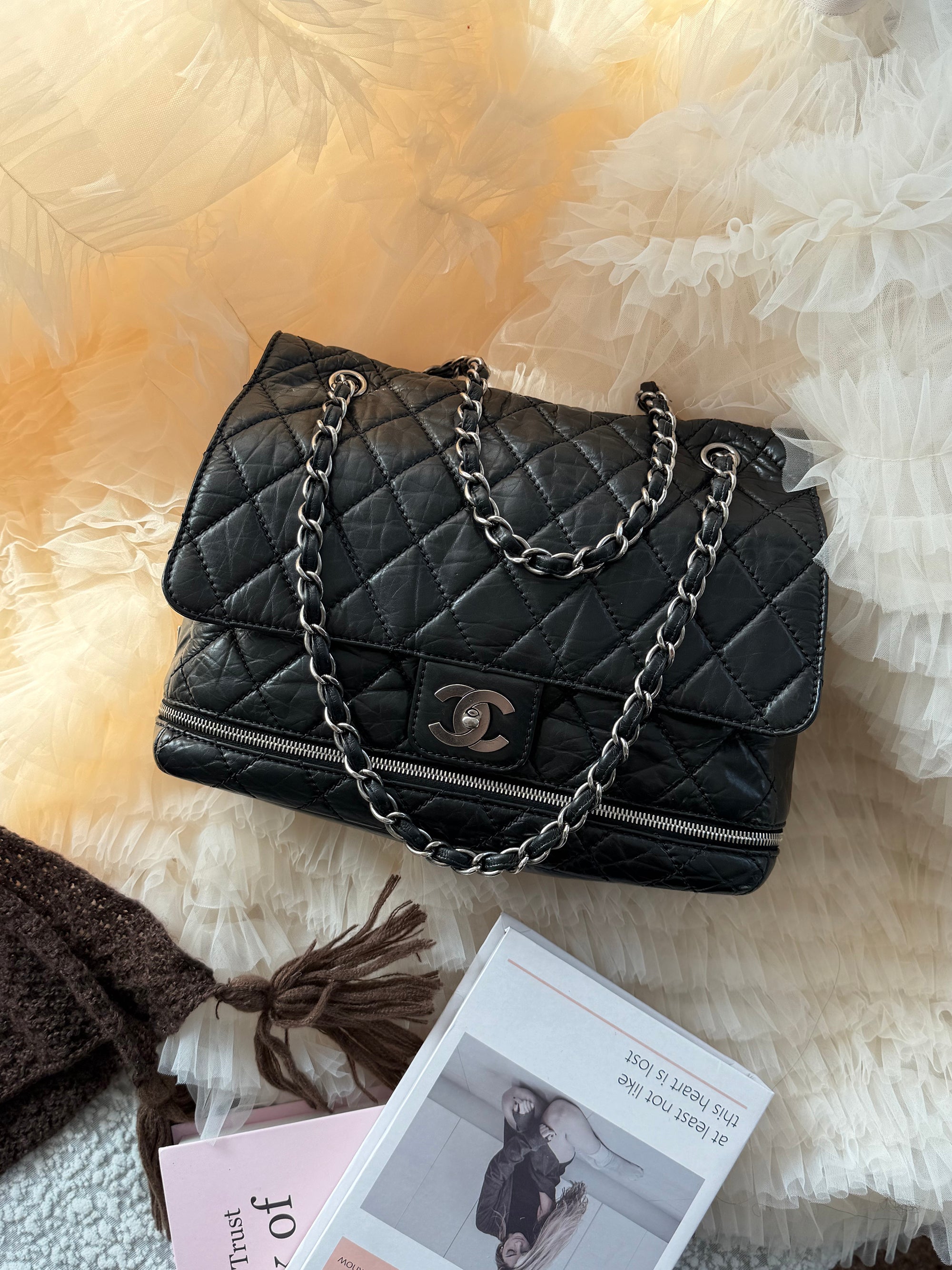 Chanel Vintage Cowhide Black & Silver Shoulder Crossbody Bag with Zipper Compartment at the Bottom