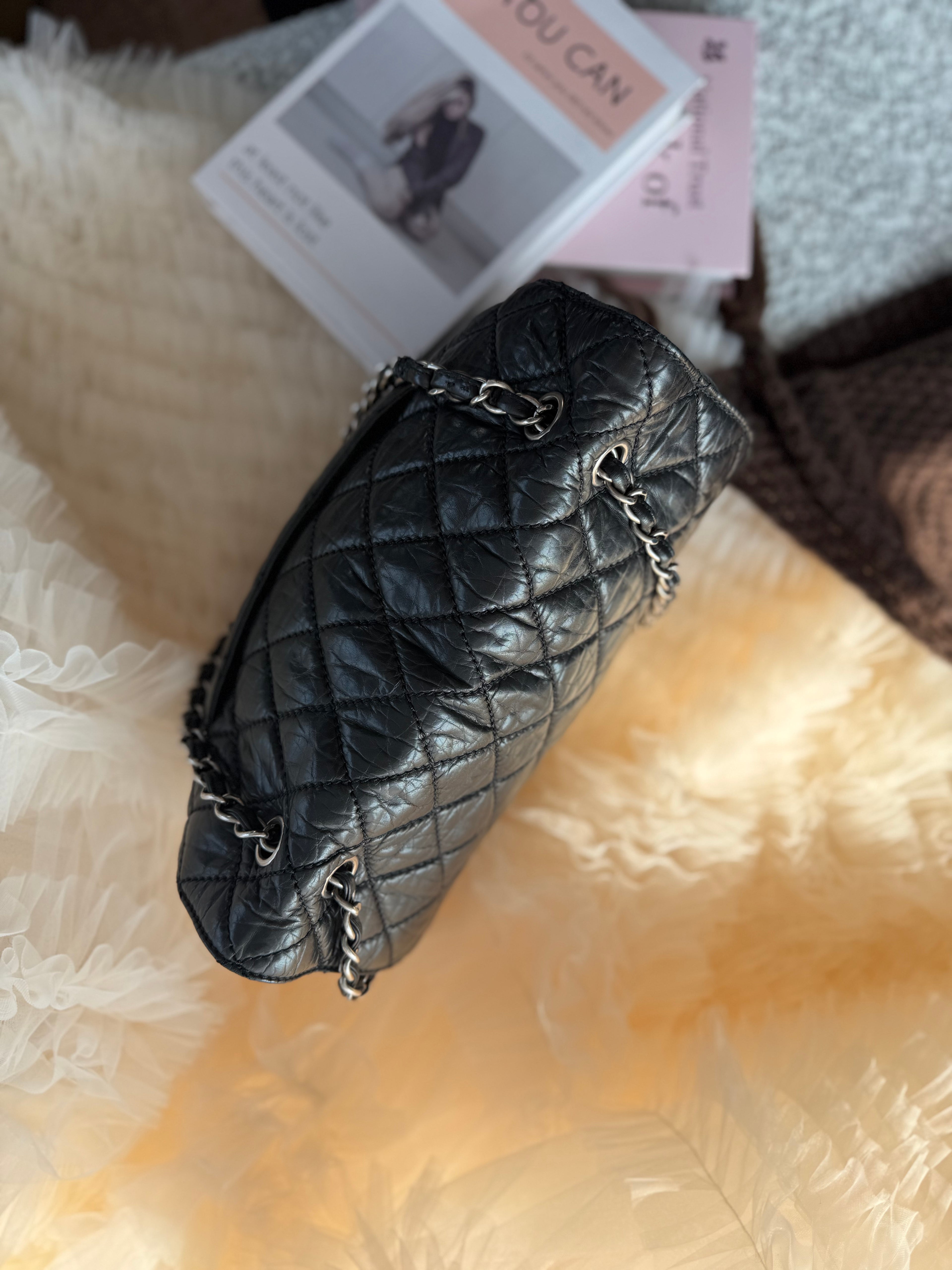 Chanel Vintage Cowhide Black & Silver Shoulder Crossbody Bag with Zipper Compartment at the Bottom