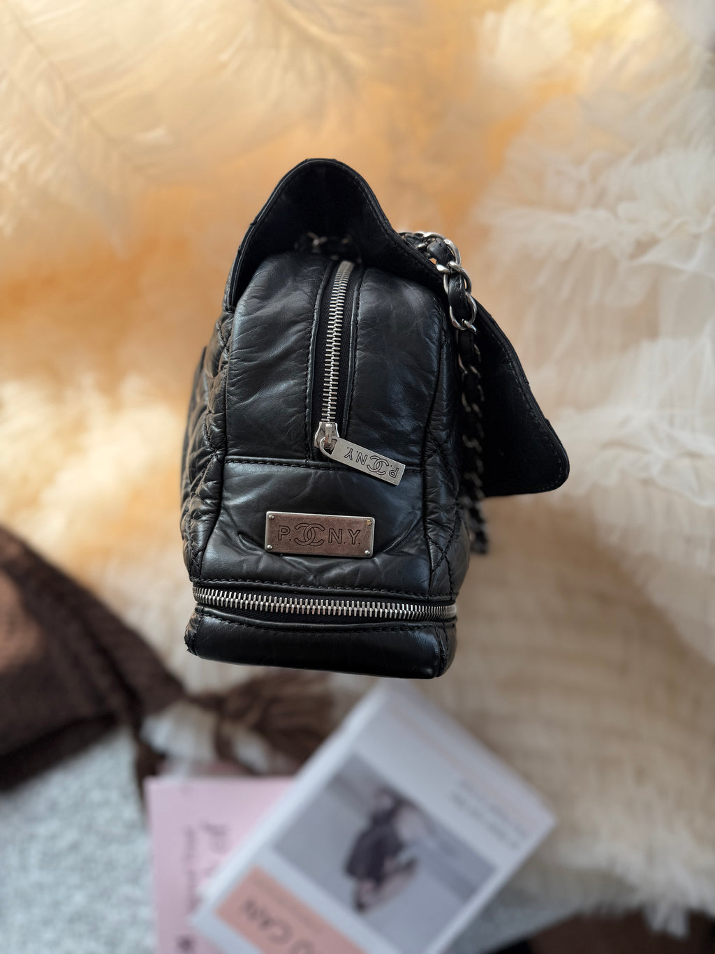 Chanel Vintage Cowhide Black & Silver Shoulder Crossbody Bag with Zipper Compartment at the Bottom