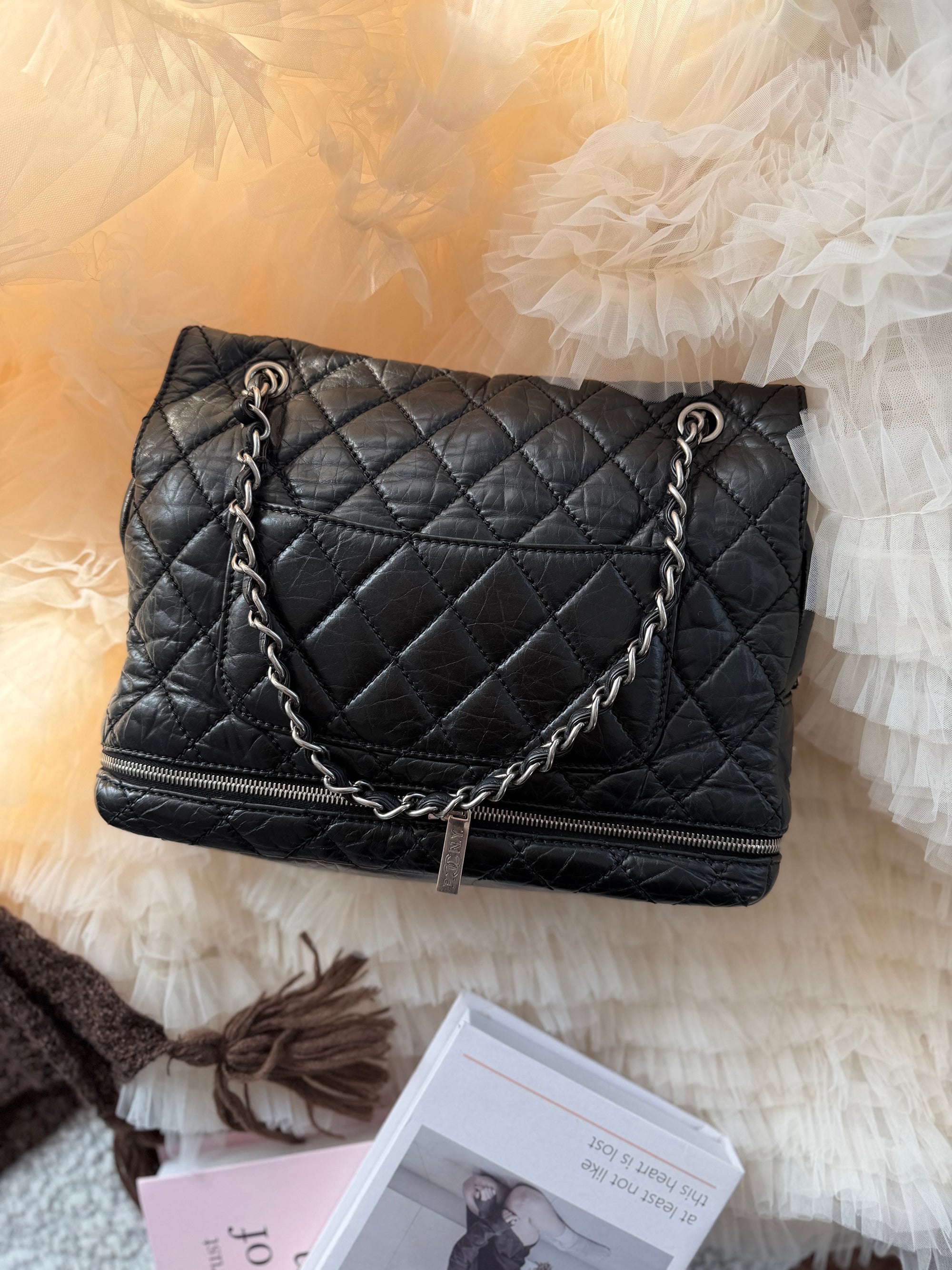 Chanel Vintage Cowhide Black & Silver Shoulder Crossbody Bag with Zipper Compartment at the Bottom
