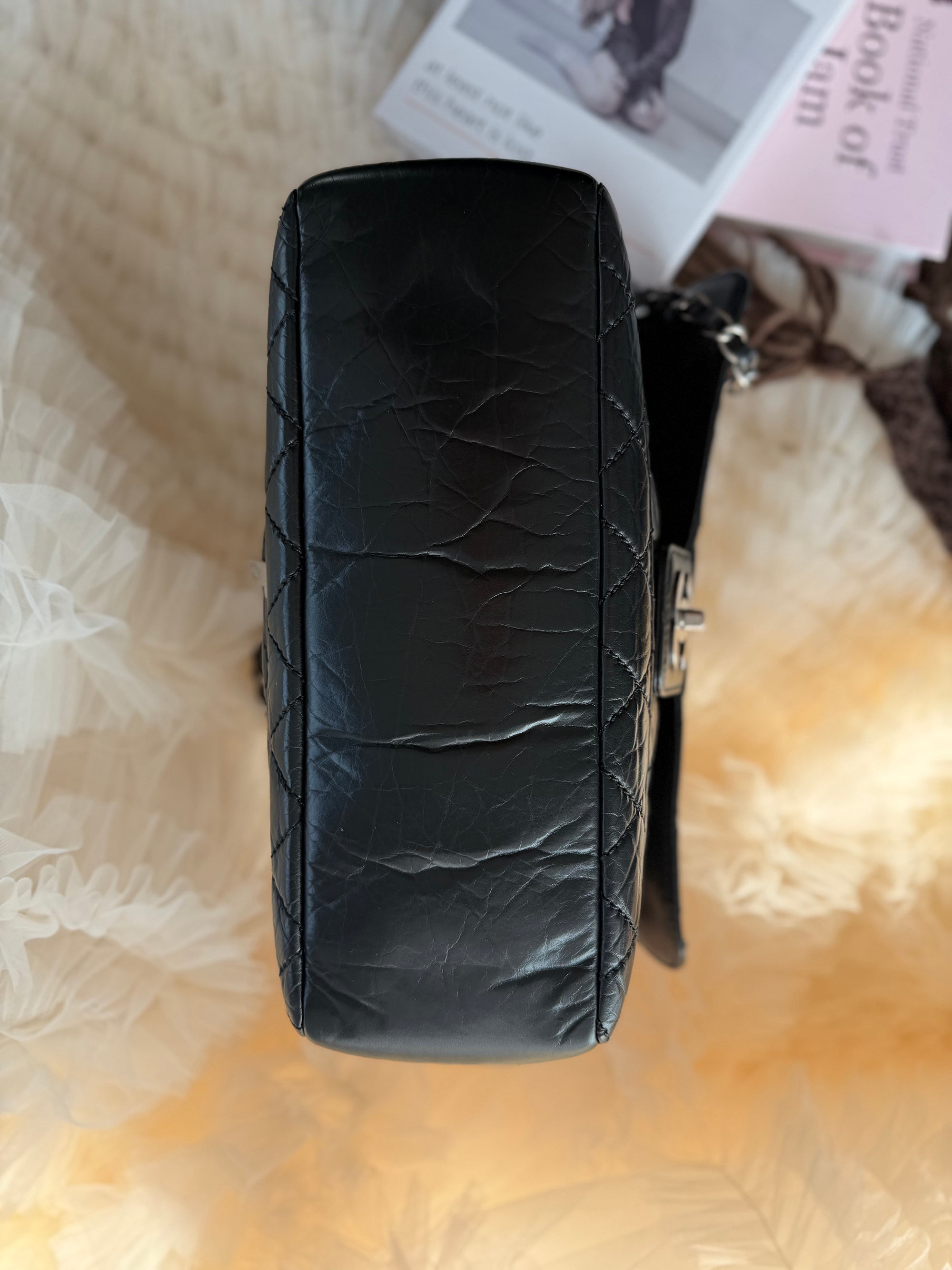 Chanel Vintage Cowhide Black & Silver Shoulder Crossbody Bag with Zipper Compartment at the Bottom