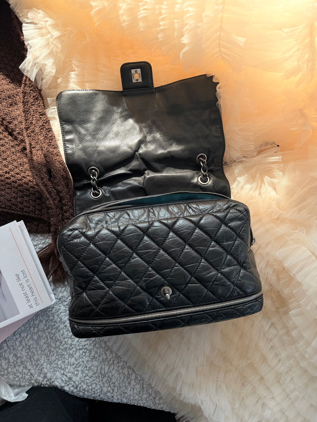 Chanel Vintage Cowhide Black & Silver Shoulder Crossbody Bag with Zipper Compartment at the Bottom