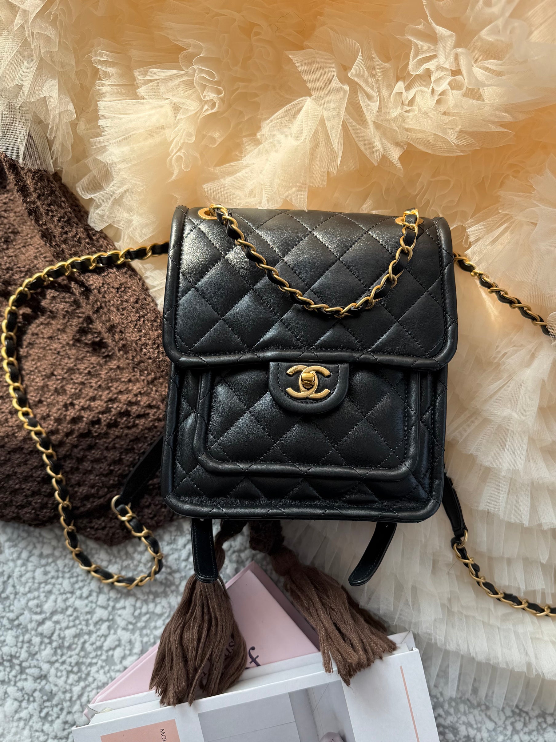 Chanel Black & Gold Cowhide Chain Backpack