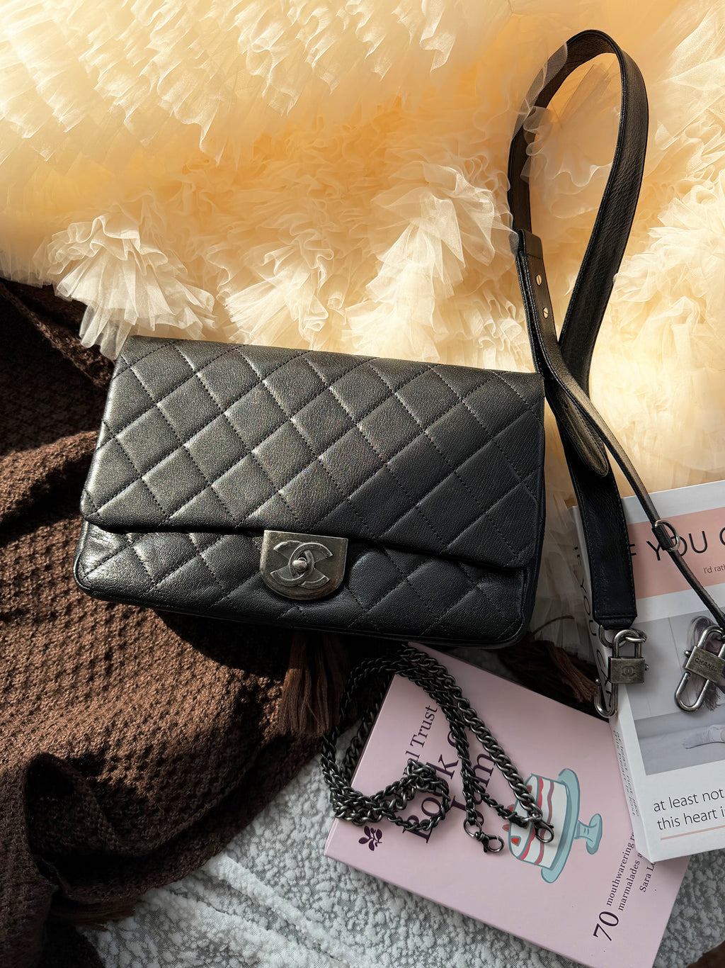 Chanel Vintage Cowhide Black & Silver Lock Double-Chain Shoulder Bag, Convertible for Shoulder & Crossbody