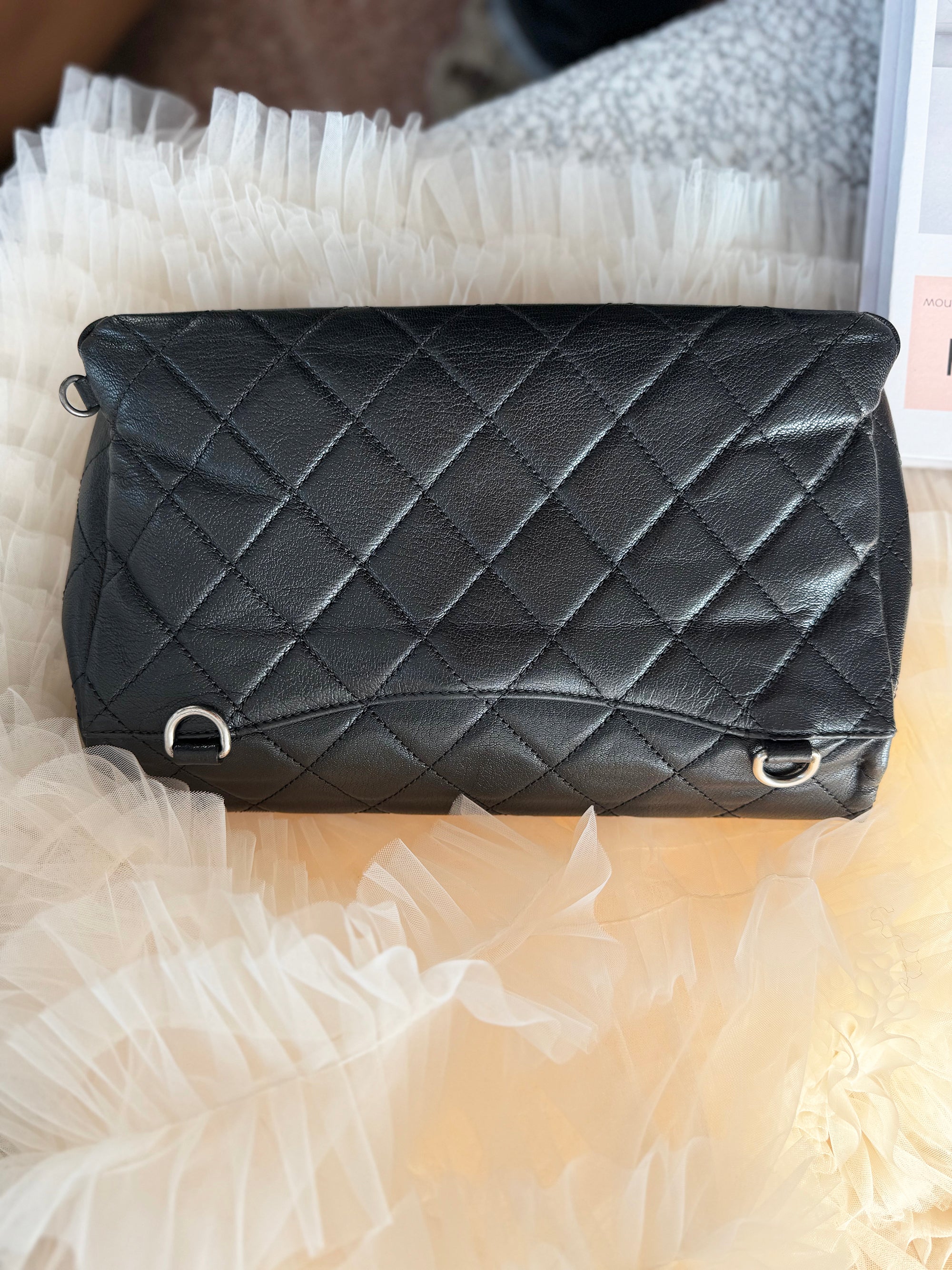 Chanel Vintage Cowhide Black & Silver Lock Double-Chain Shoulder Bag, Convertible for Shoulder & Crossbody