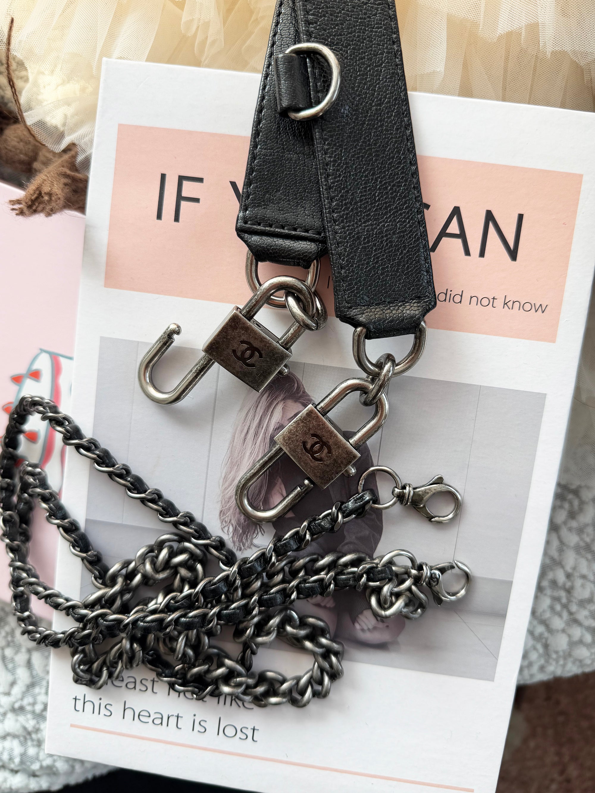 Chanel Vintage Cowhide Black & Silver Lock Double-Chain Shoulder Bag, Convertible for Shoulder & Crossbody