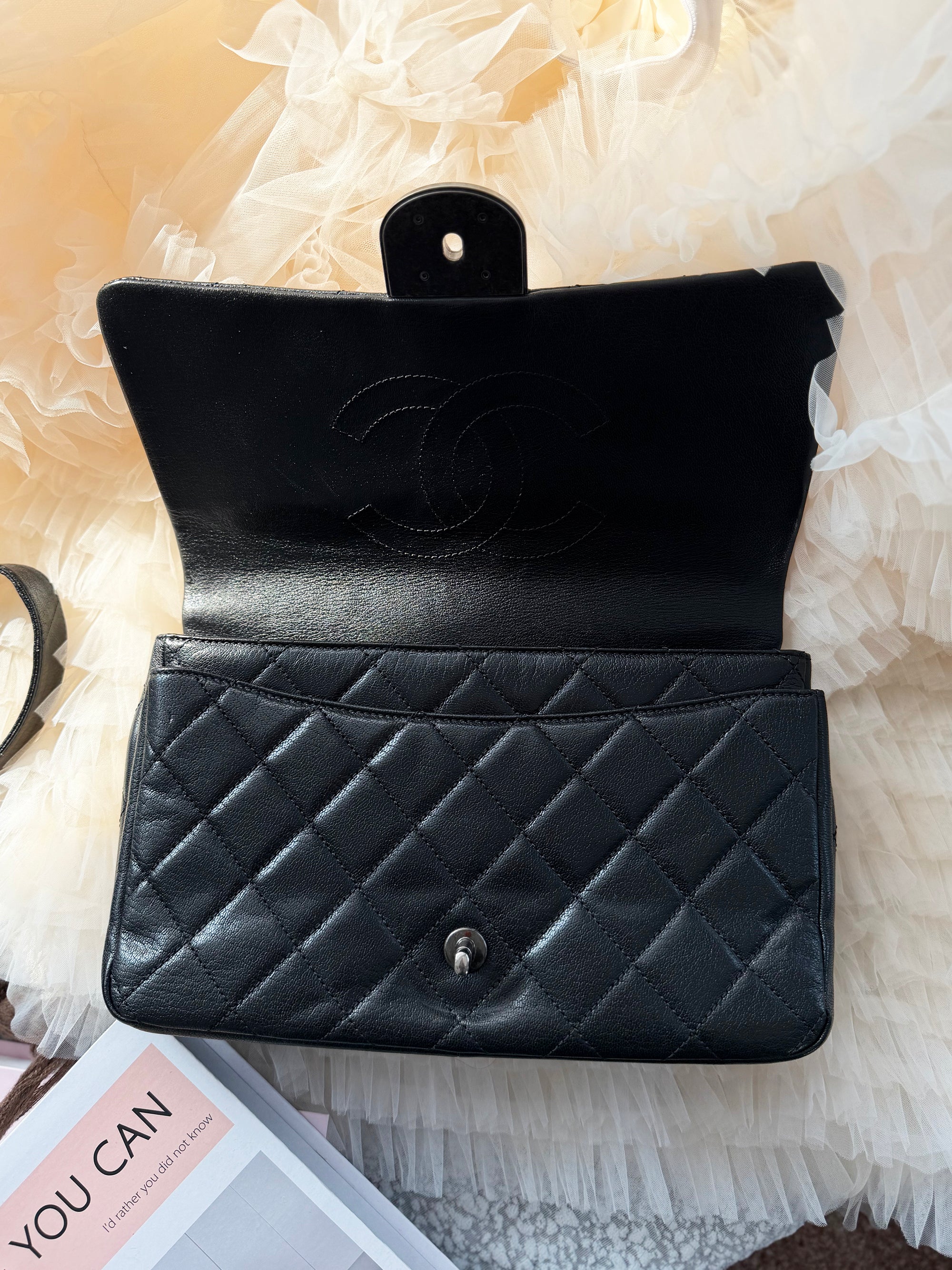 Chanel Vintage Cowhide Black & Silver Lock Double-Chain Shoulder Bag, Convertible for Shoulder & Crossbody